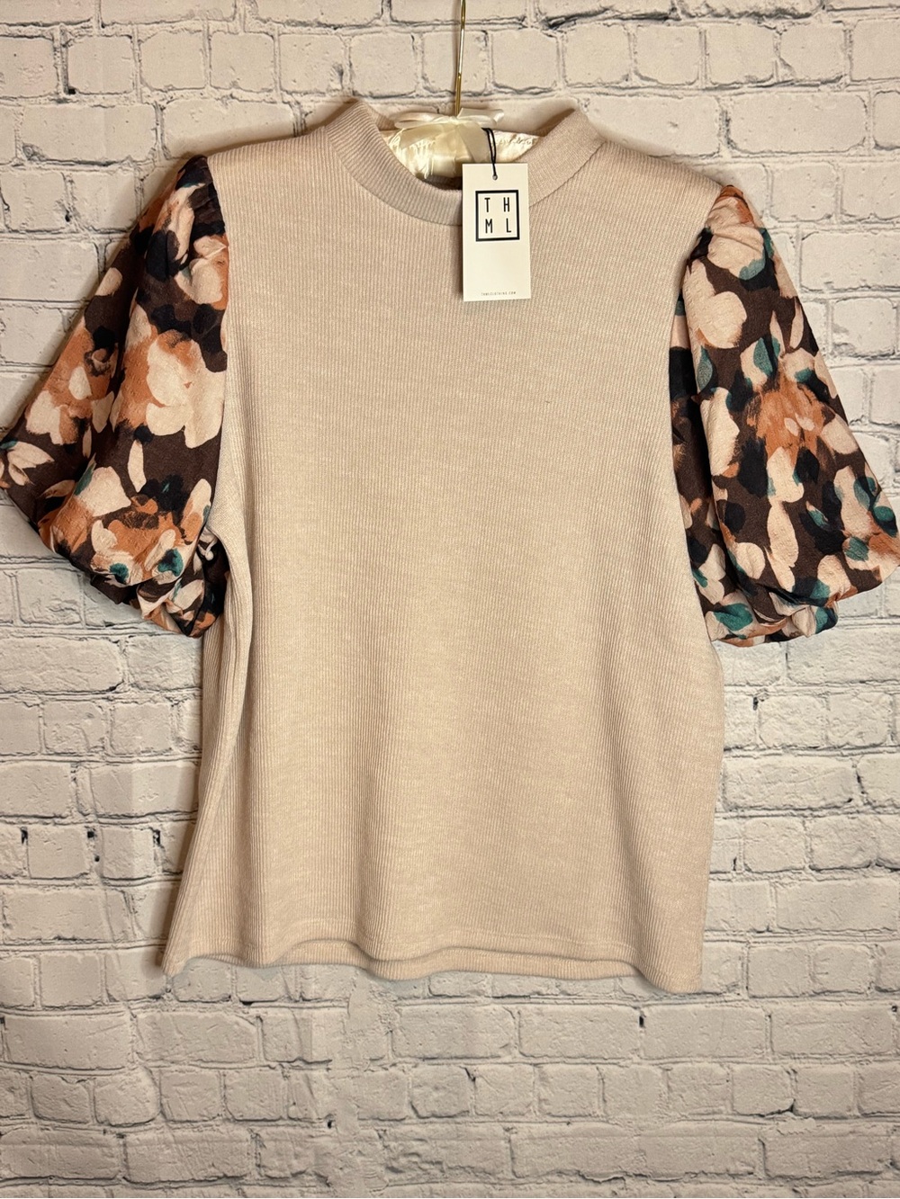 MOD Boutique THML Cream Puff Sleeve Knit  Top Size L NWT